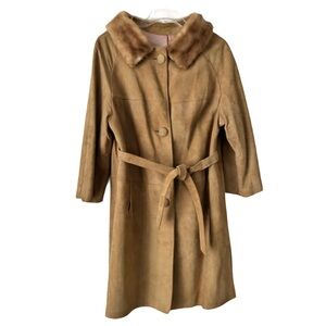 Vintage Tan Suede Coat w/ Fur Collar, Sz. 16, Trench Coat, Lined, 3/4 Sleeves